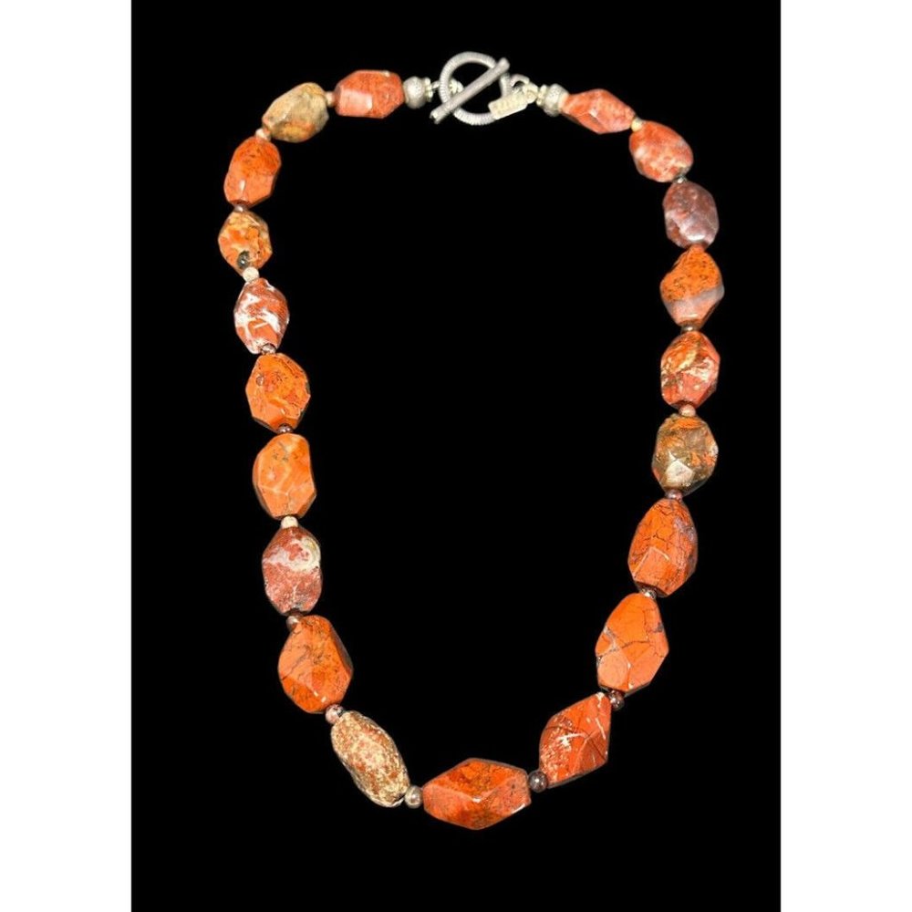 Signed Peyote Bird 925 Toggle Necklace Red Orange Jasper Chunky Beaded 17.5 in